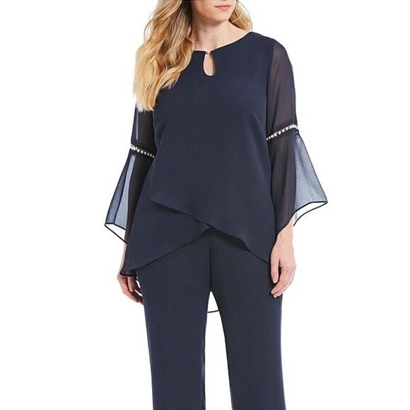 Le Bos Long Sleeve Bead Embellished Blouse Black Career Date Night Classy Top - Picture 2 of 13